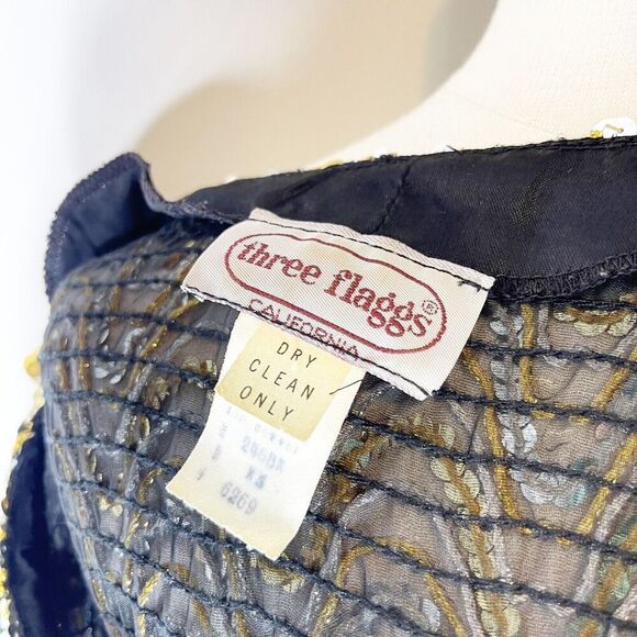 Vintage 80s Three Flaggs XS Sequin Top Black Gold Flashy Dolman Blouse Stretch - Picture 9 of 16